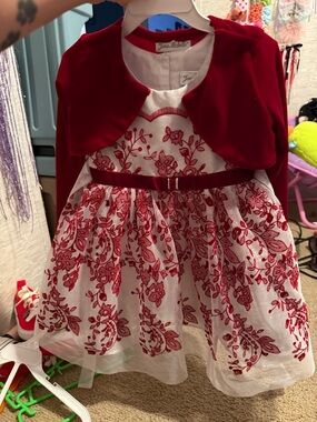 Jona Michelle Red & White Embroidered Floral Dress with Velvet Bolero